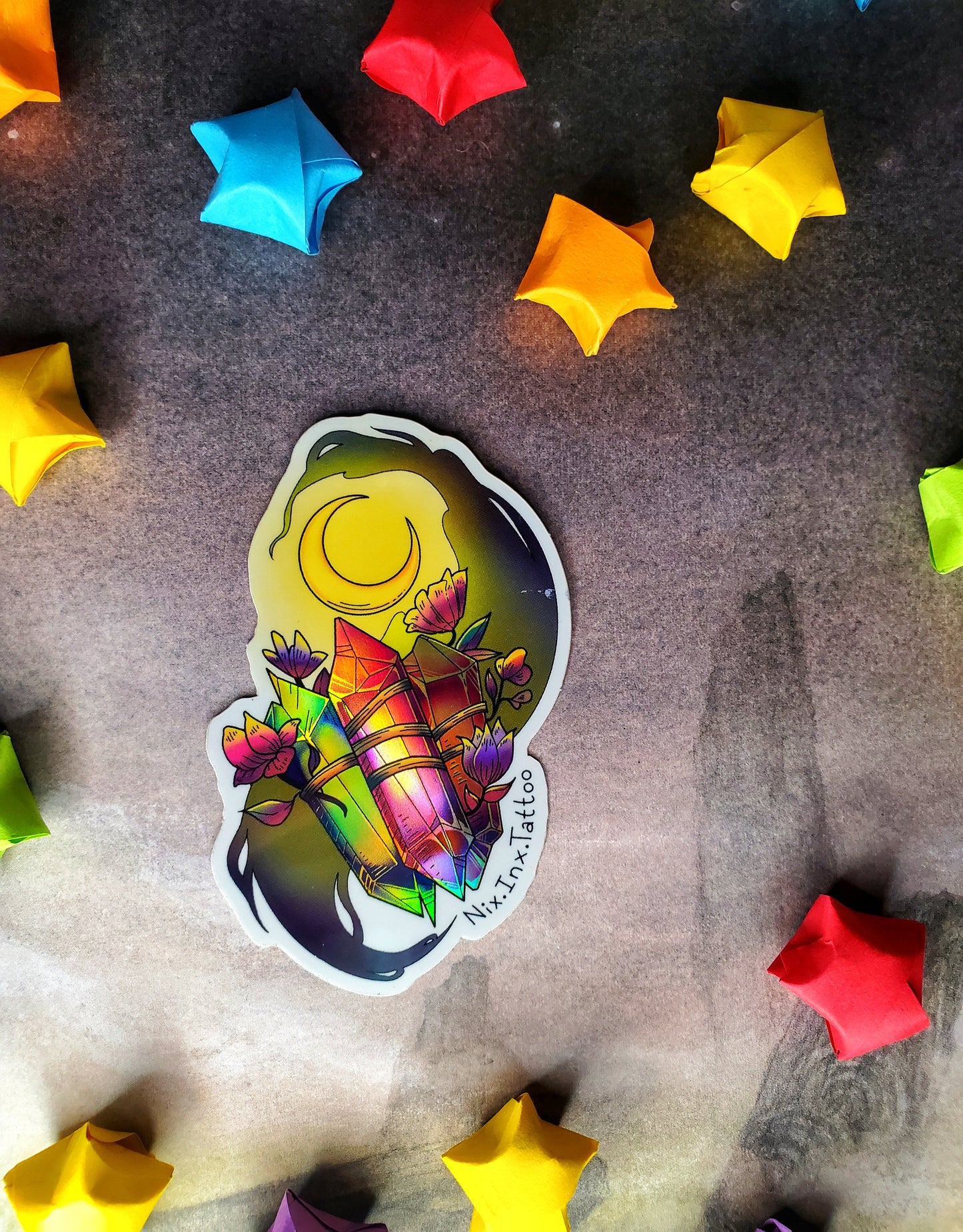 STICKERS: Holographic Magic Crystal Gems under a Crescent Moon Sticker