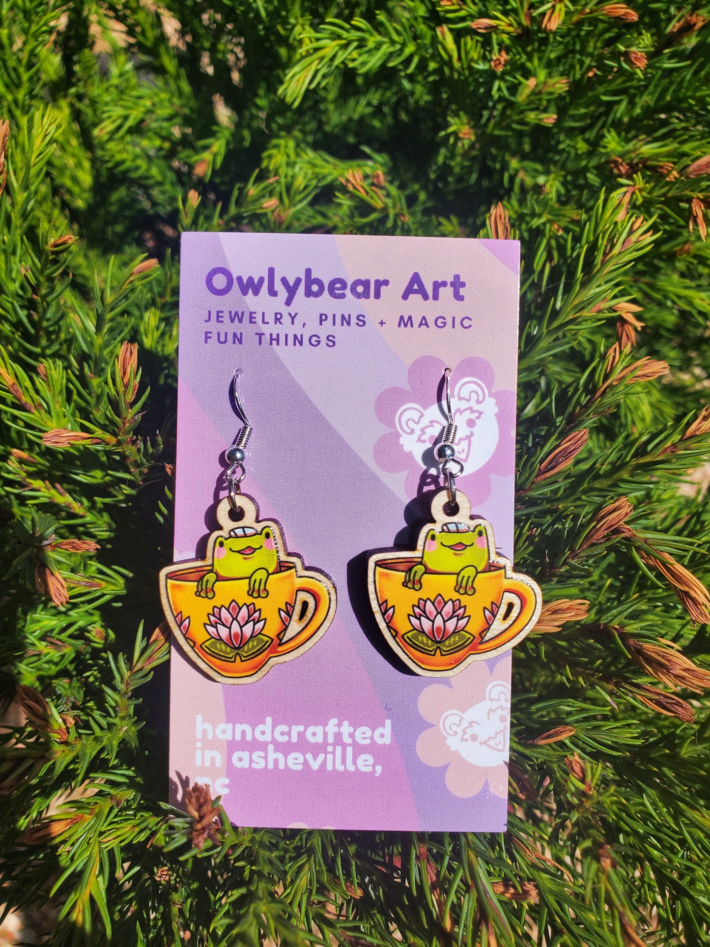 EARRINGS: Tiny Teacup Frog Wood Dangle Earrings