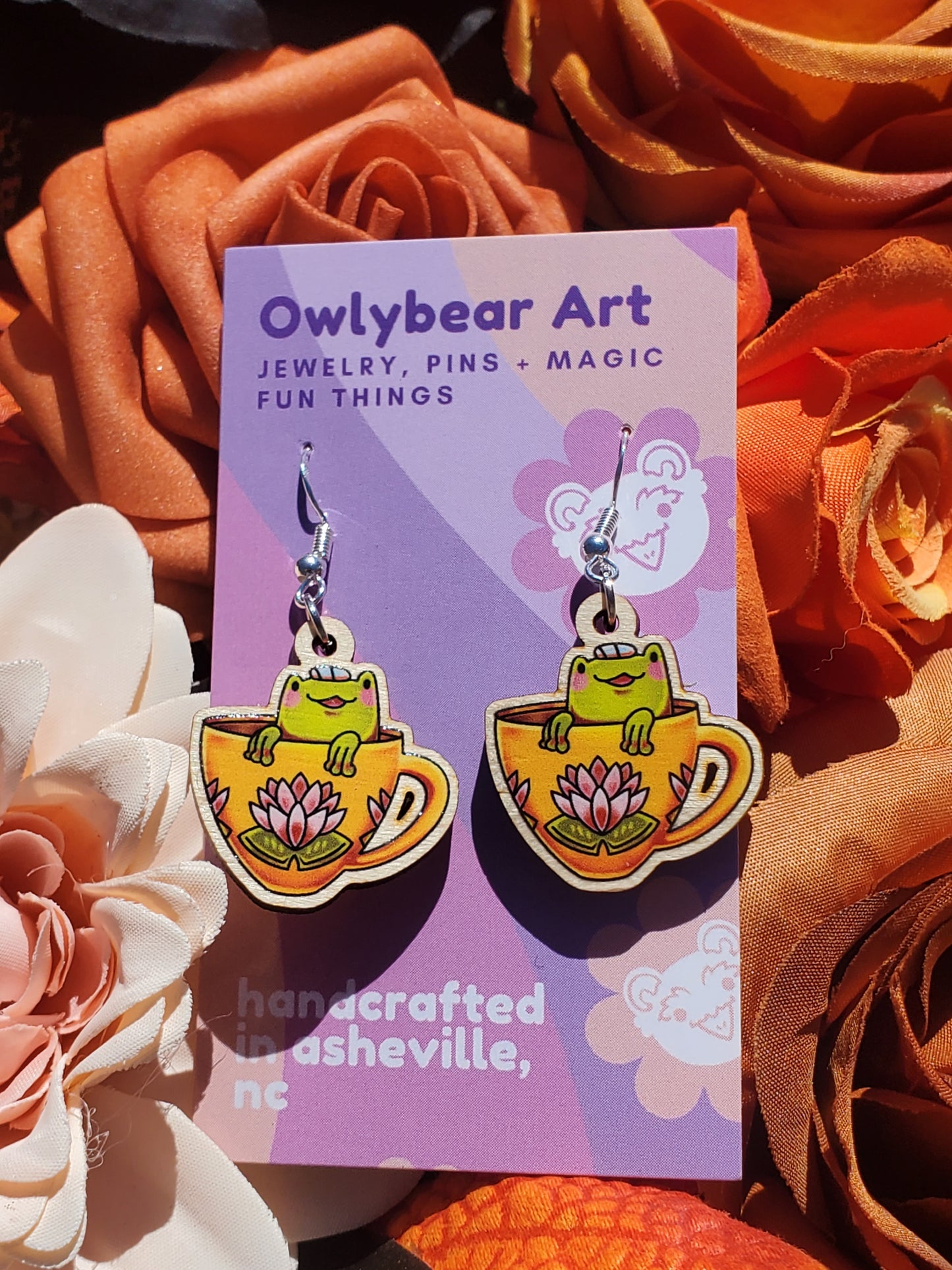 EARRINGS: Tiny Teacup Frog Wood Dangle Earrings