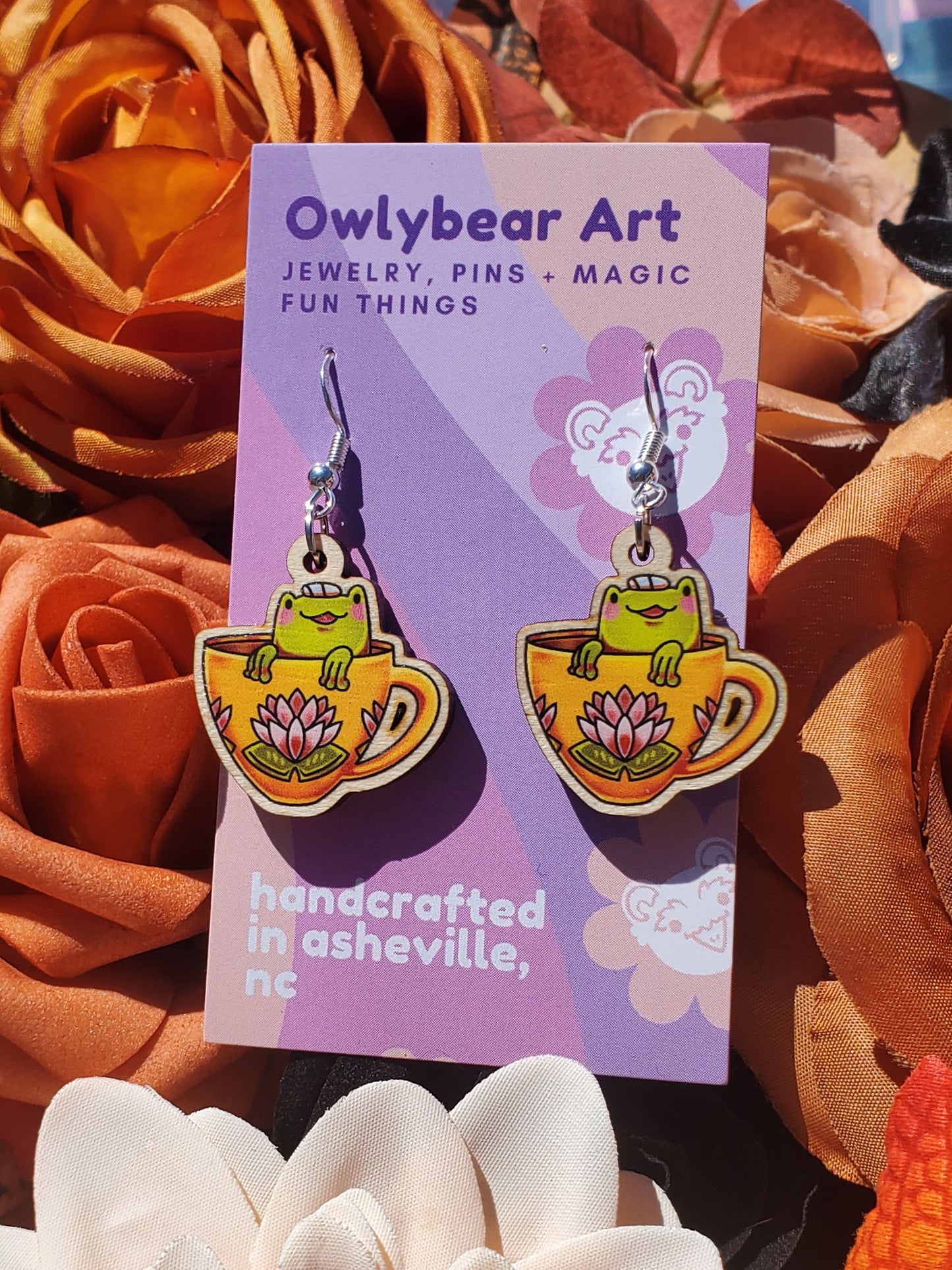 EARRINGS: Tiny Teacup Frog Wood Dangle Earrings