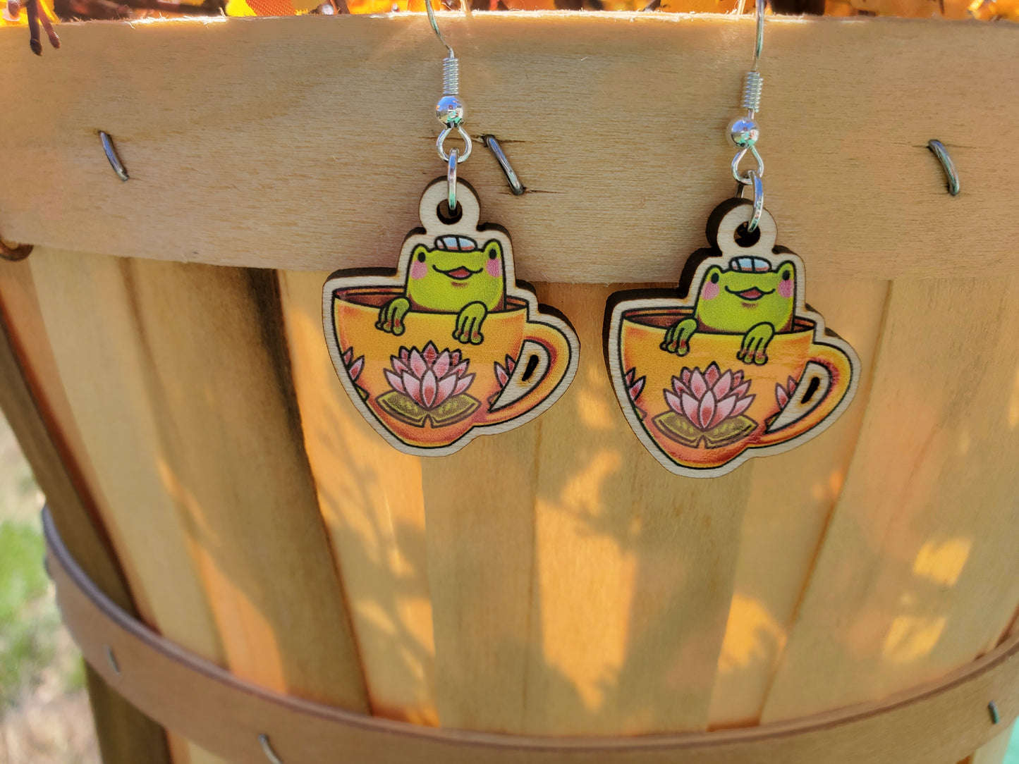 EARRINGS: Tiny Teacup Frog Wood Dangle Earrings
