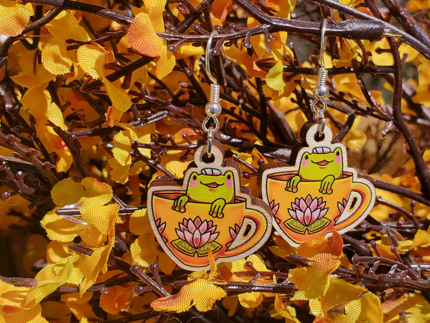 EARRINGS: Tiny Teacup Frog Wood Dangle Earrings