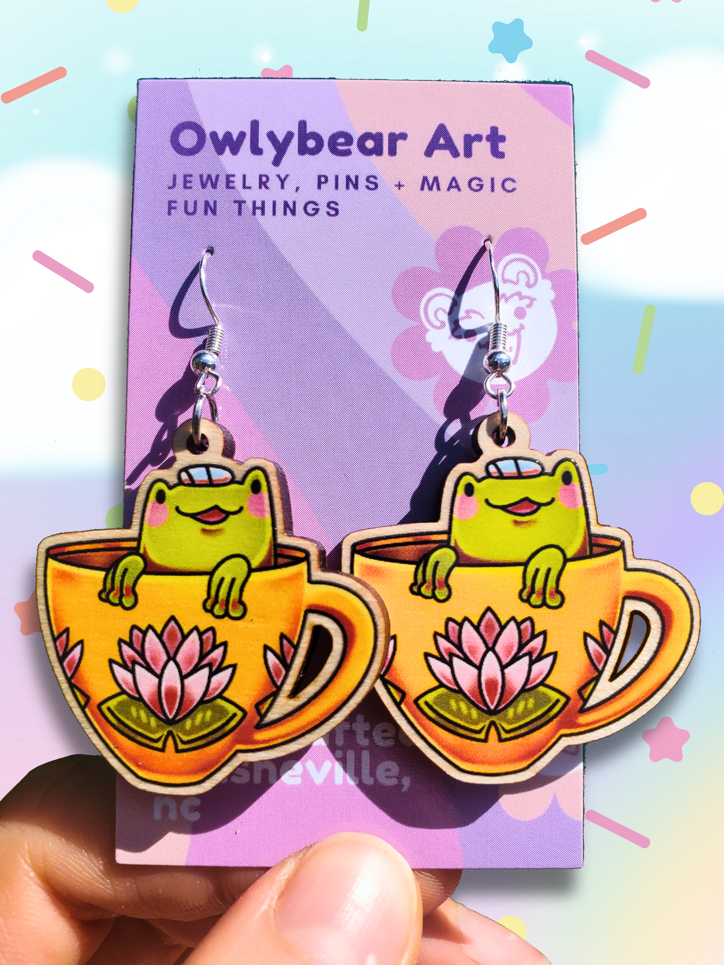 EARRINGS: Tiny Teacup Frog Wood Dangle Earrings