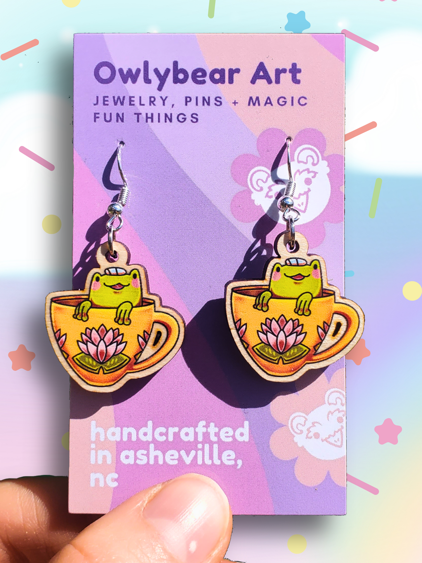 EARRINGS: Tiny Teacup Frog Wood Dangle Earrings