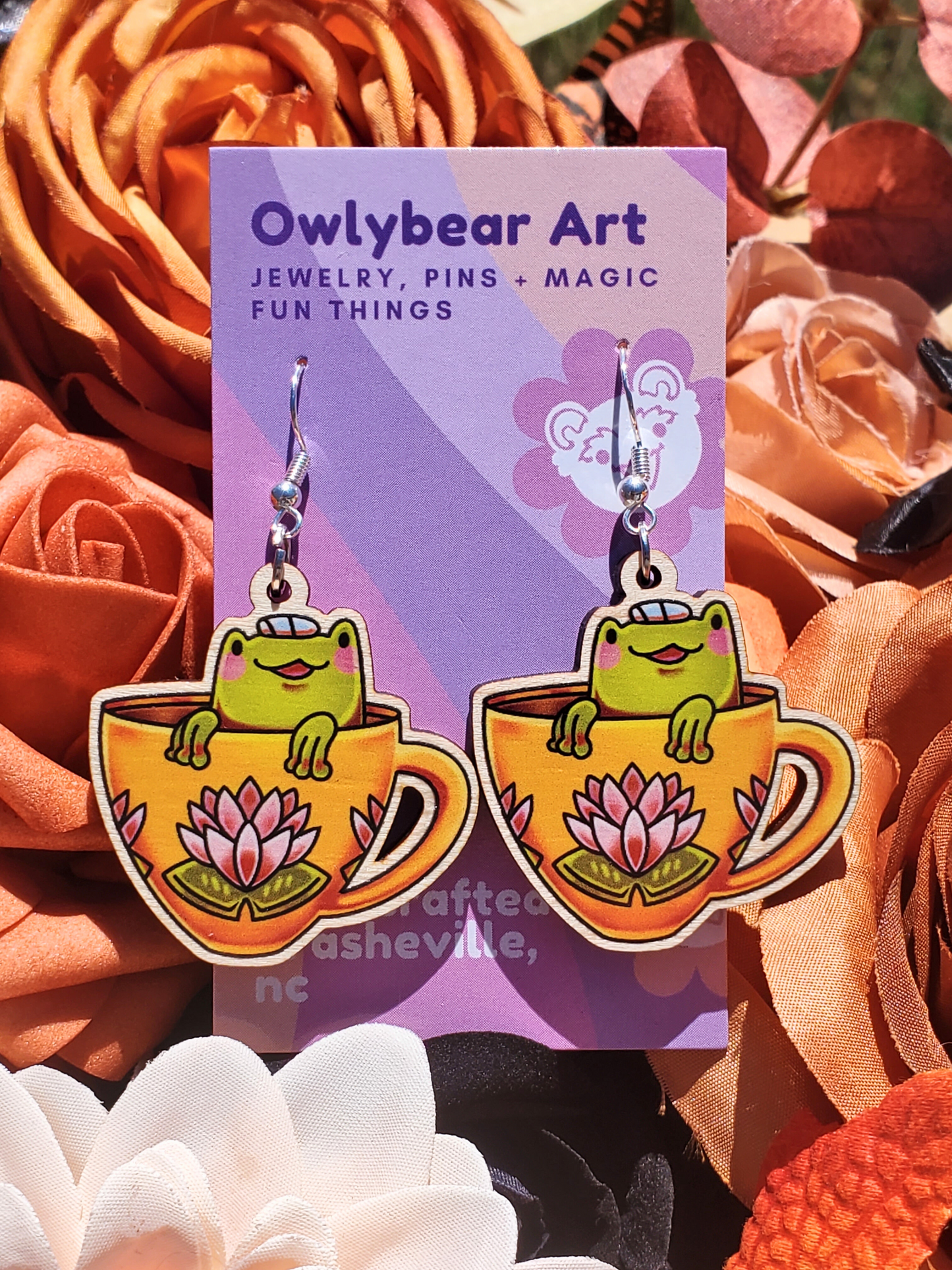 EARRINGS: Tiny Teacup Frog Wood Dangle Earrings