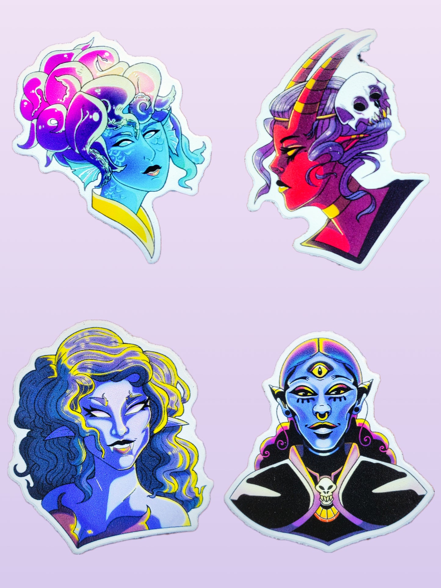 STICKERS: RPG Fantasy Heroine Stickers - Merfolk, Hellborn, Werewolf, & Dark Elf Warlock