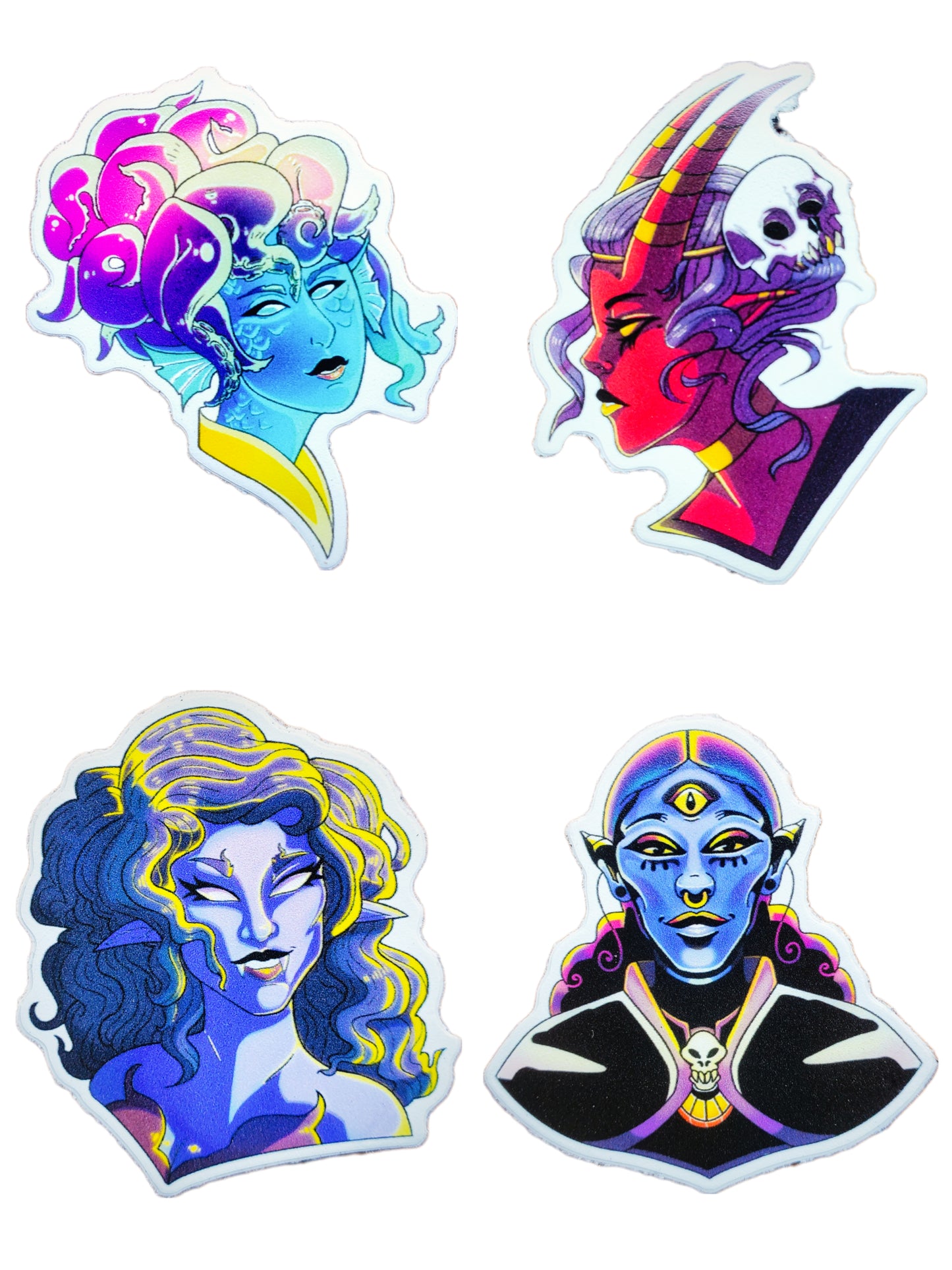 STICKERS: RPG Fantasy Heroine Stickers - Merfolk, Hellborn, Werewolf, & Dark Elf Warlock