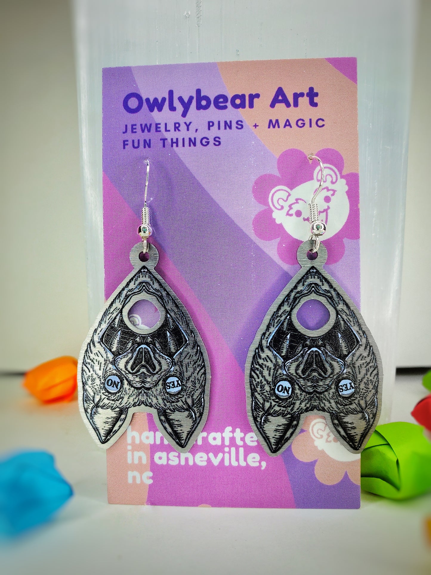 EARRINGS: Silver Bat Ouija Planchette Dangle Earrings