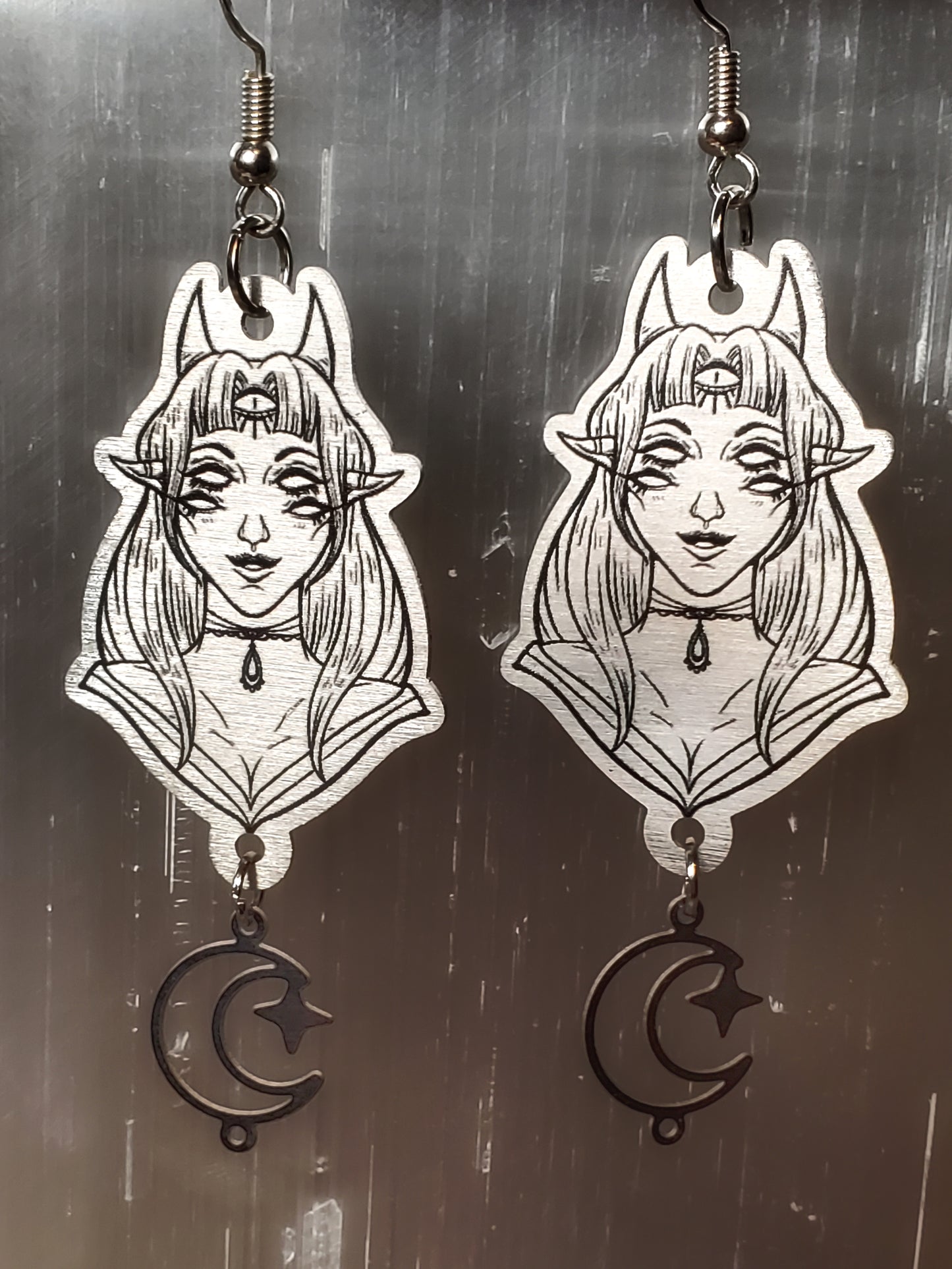 EARRINGS: Magical Demon Girl Portrait Silver Dangle Earrings with Star or Eye Charms