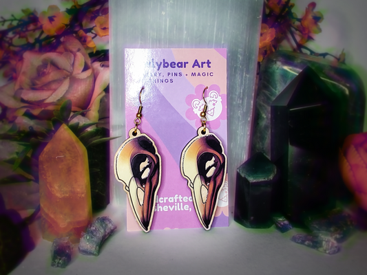 EARRINGS: Wooden Crow Skull Dangle Earrings