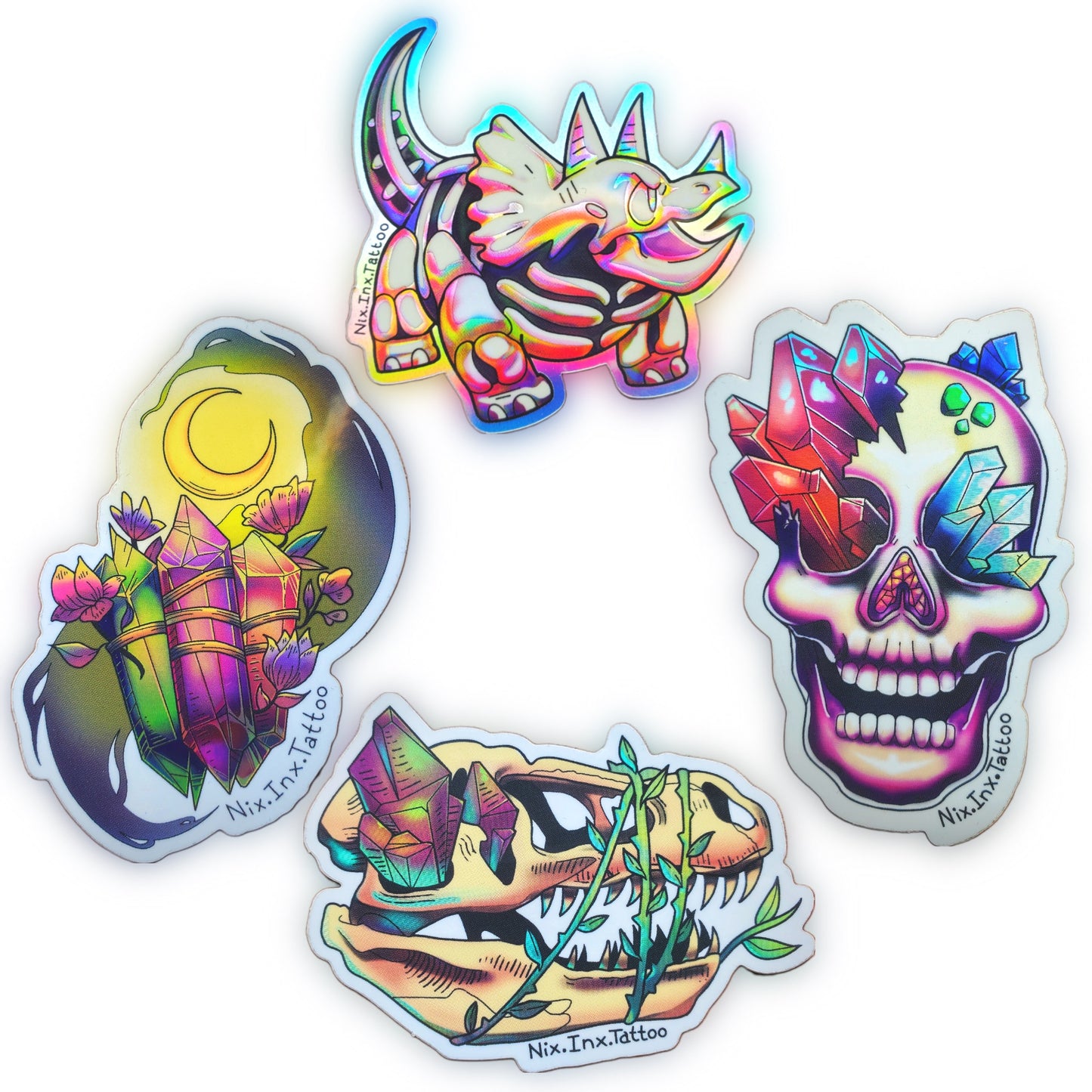 STICKERS: Holographic Rainbow Triceratops Skeleton Dinosaur Sticker