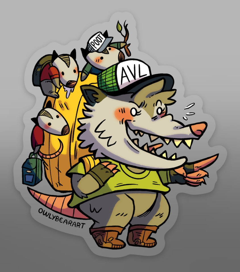 Hiking AVL opossum parent sticker with gradient white and gray background to show off sticker’s transparency 