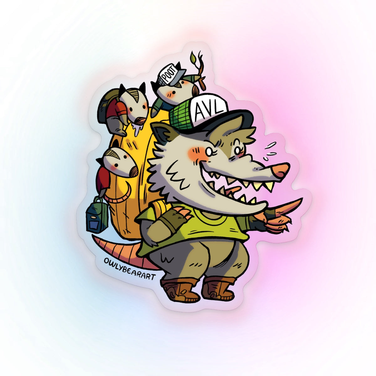 Hiking AVL opossum parent sticker with colorful background to show off sticker’s transparency 