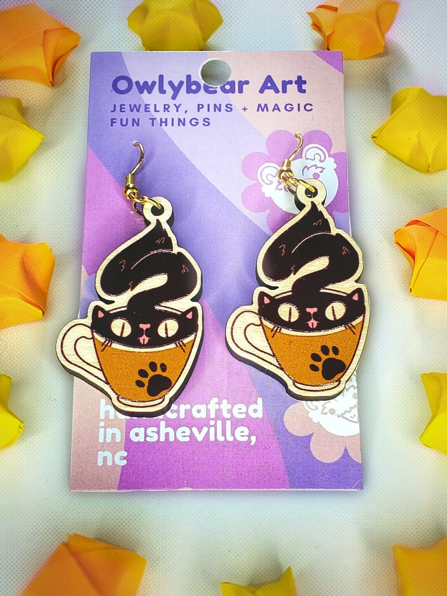 EARRINGS: Cozy Teacup Cat Earrings - Handmade Wooden Dangles