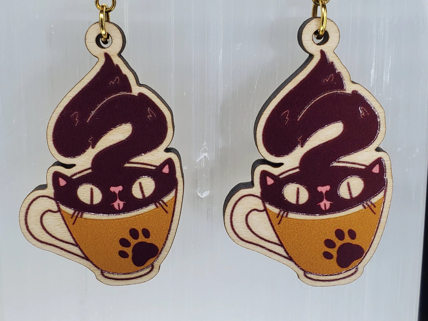 EARRINGS: Cozy Teacup Cat Earrings - Handmade Wooden Dangles