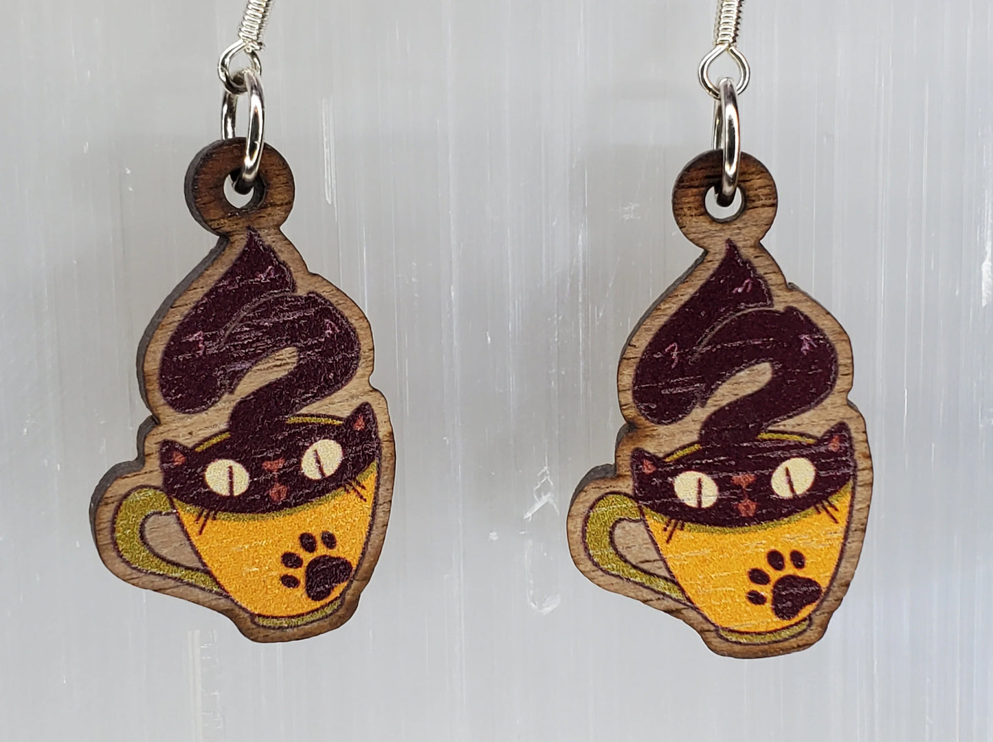 EARRINGS: Cozy Teacup Cat Earrings - Handmade Wooden Dangles