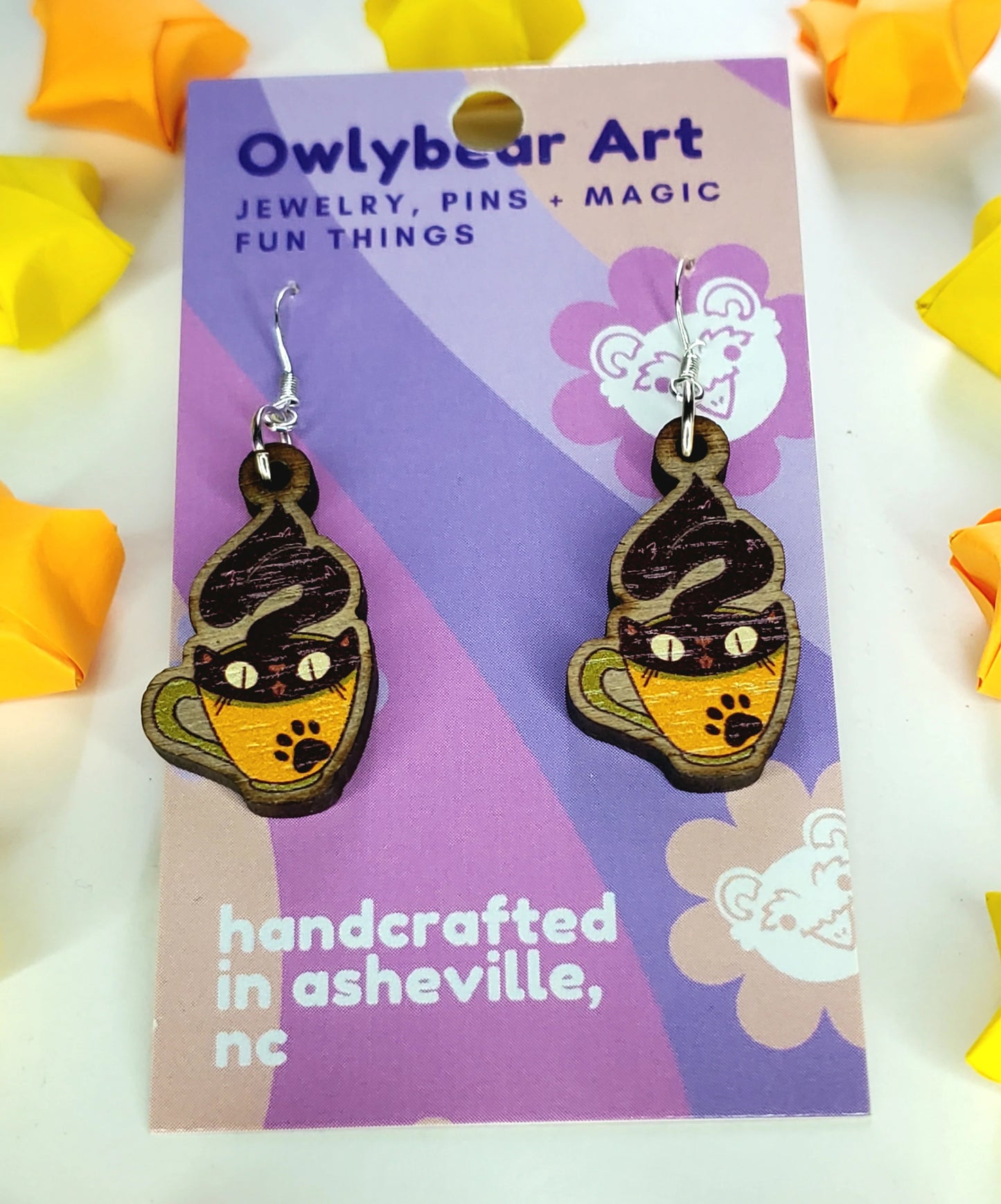 EARRINGS: Cozy Teacup Cat Earrings - Handmade Wooden Dangles