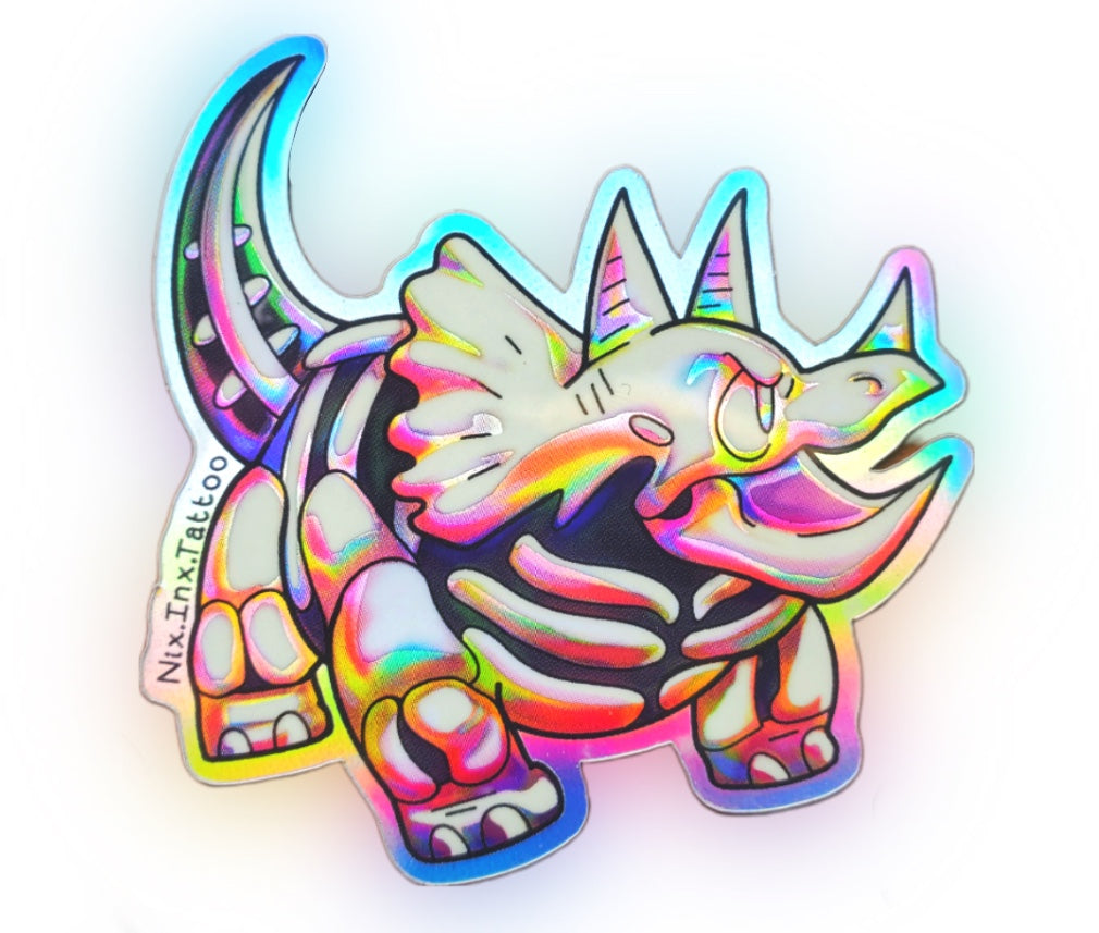 STICKERS: Holographic Rainbow Triceratops Skeleton Dinosaur Sticker