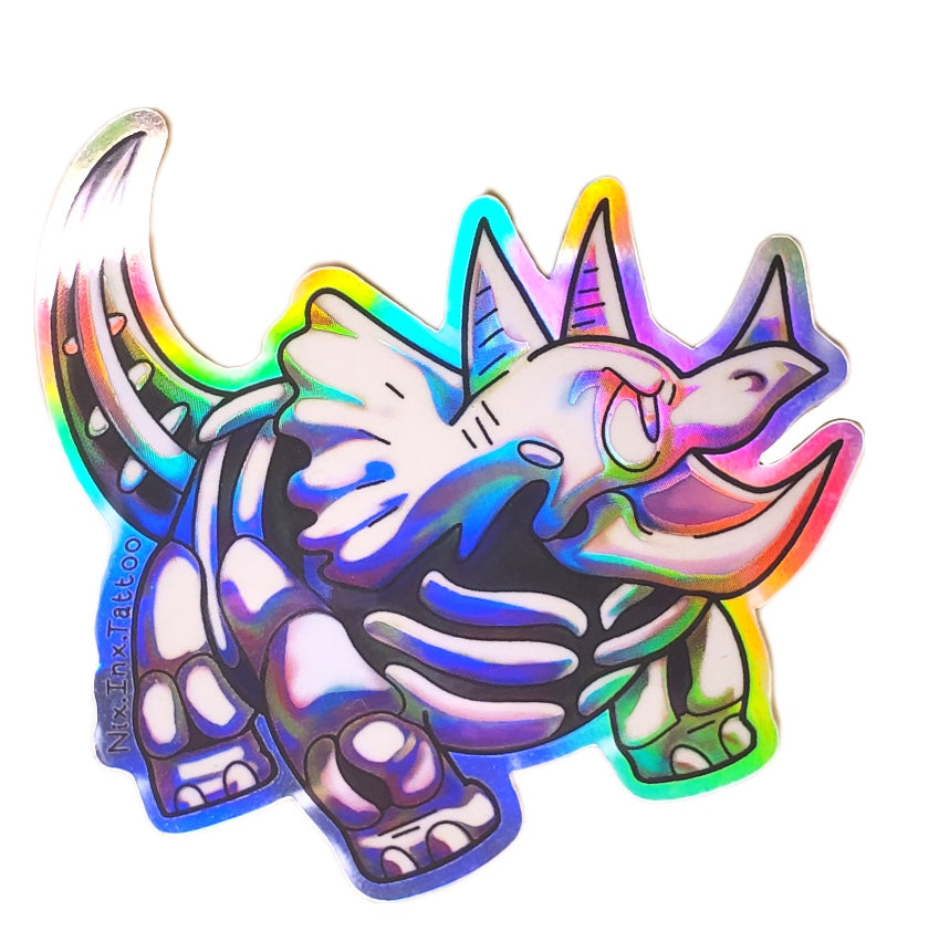 STICKERS: Holographic Rainbow Triceratops Skeleton Dinosaur Sticker