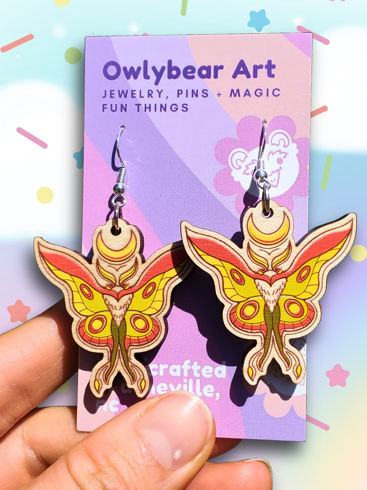 EARRINGS: Celestial Moth Wood Dangle Earrings